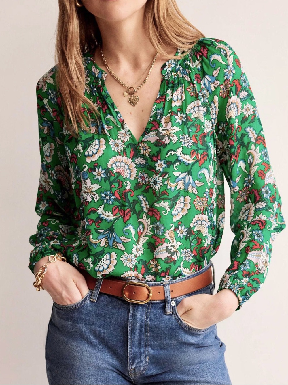 Boden Grace Green Flora Floral Keyhole Smocked Long-Sleeve Blouse Top Size 8